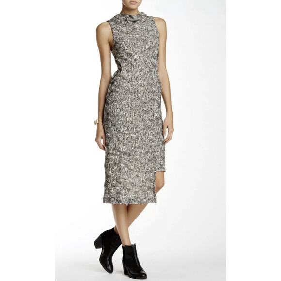 Free People Cora Jacquard Cotton Knit Midi Ivory Black Asymmetric Sheath Dress - Picture 1 of 15
